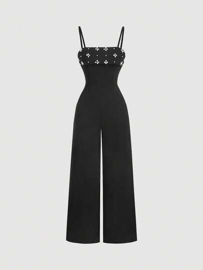 SHEIN MOD جمبسوت نسائية أنيقة سوداء فاخرة مزينة باللؤلؤ، قصة ضيقة وساق واسعة، مناسبة للخريف/الشتاء، للخروج، للعمل، للحفلات، للزفاف، للحفلات الموسيقية