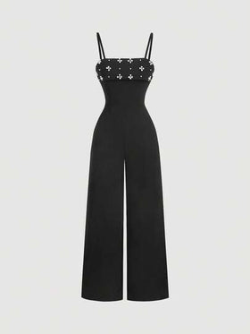 SHEIN MOD جمبسوت نسائية أنيقة سوداء فاخرة مزينة باللؤلؤ، قصة ضيقة وساق واسعة، مناسبة للخريف/الشتاء، للخروج، للعمل، للحفلات، للزفاف، للحفلات الموسيقية