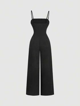 SHEIN MOD جمبسوت نسائية أنيقة سوداء فاخرة مزينة باللؤلؤ، قصة ضيقة وساق واسعة، مناسبة للخريف/الشتاء، للخروج، للعمل، للحفلات، للزفاف، للحفلات الموسيقية
