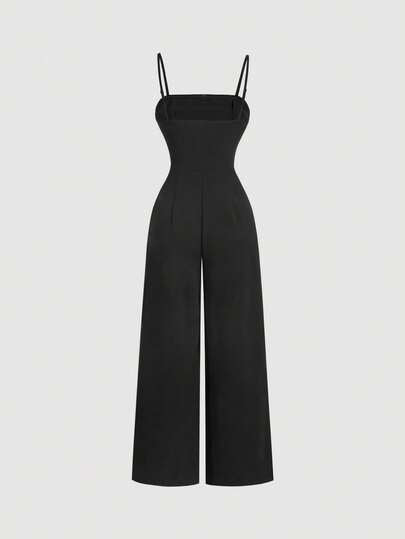 SHEIN MOD جمبسوت نسائية أنيقة سوداء فاخرة مزينة باللؤلؤ، قصة ضيقة وساق واسعة، مناسبة للخريف/الشتاء، للخروج، للعمل، للحفلات، للزفاف، للحفلات الموسيقية