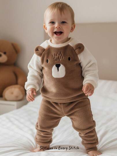 Cozy Pixies مجموعة ملابس علوية وبنطلون سميك ذو خصر مطاطي للأطفال الصبيان، بنمط الدب بألوان متباينة، كم راجلان وياقة طاقم، للخريف/الشتاء، قطعتان