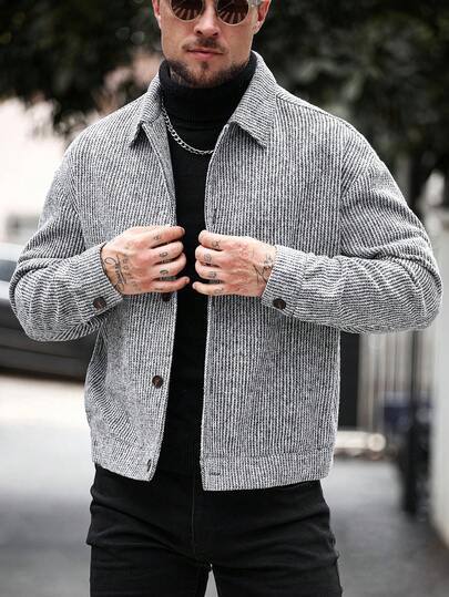 Manfinity CasualCool معطف طويل أحادي الصدر كاجوال للرجال، معطف شتوي/خريفي باللون الرمادي، معطف مخطط