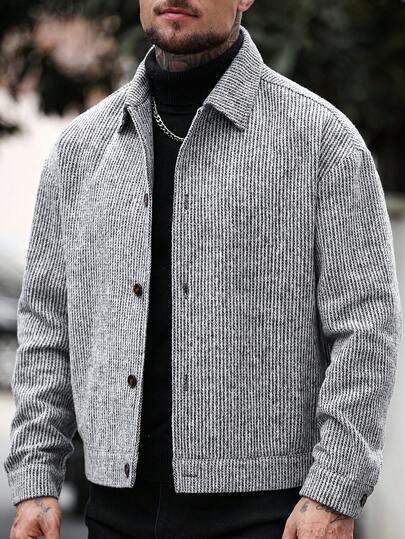 Manfinity CasualCool معطف طويل أحادي الصدر كاجوال للرجال، معطف شتوي/خريفي باللون الرمادي، معطف مخطط