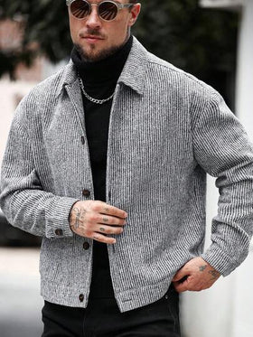 Manfinity CasualCool معطف طويل أحادي الصدر كاجوال للرجال، معطف شتوي/خريفي باللون الرمادي، معطف مخطط