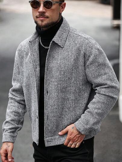 Manfinity CasualCool معطف طويل أحادي الصدر كاجوال للرجال، معطف شتوي/خريفي باللون الرمادي، معطف مخطط