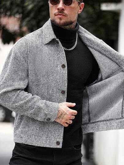Manfinity CasualCool معطف طويل أحادي الصدر كاجوال للرجال، معطف شتوي/خريفي باللون الرمادي، معطف مخطط