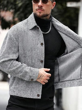 Manfinity CasualCool معطف طويل أحادي الصدر كاجوال للرجال، معطف شتوي/خريفي باللون الرمادي، معطف مخطط