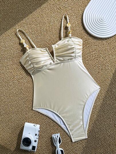 Swim Chiccia بدلة سباحة نسائية أنيقة وعتيقة، بحمالات رفيعة ذات لون أحادي، مزينة بكشكشة مخرمة وخرز، ظهر مكشوف، مناسبة للشاطئ والمنتجعات، للربيع والصيف