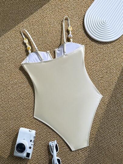 Swim Chiccia بدلة سباحة نسائية أنيقة وعتيقة، بحمالات رفيعة ذات لون أحادي، مزينة بكشكشة مخرمة وخرز، ظهر مكشوف، مناسبة للشاطئ والمنتجعات، للربيع والصيف