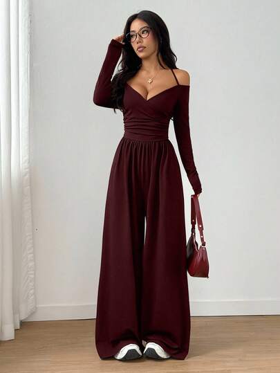 Flirla جمبسوت قصيرة للنساء بلون أحادي عصري وجذاب بربطة عنق