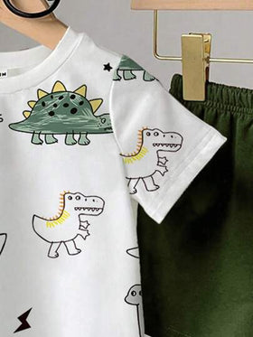 SHEIN Playful Pals مجموعة قميص وشورت مطبوع بطبعة ديناصور لطيفة للأطفال الرضع والأولاد من 0-3 سنوات، قطعتان، ملائم للربيع/الصيف، كاجوال، خارجي، أساسي، رياضي، عصري وبسيط