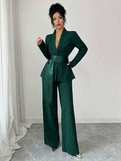 SHEIN Elenzya بدلة نسائية أنيقة رومانسية، بليزر مطابق للخصر بأكمام طويلة ومفصل من أقمشة مختلفة وبنطال ساق مستقيمة