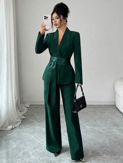 SHEIN Elenzya بدلة نسائية أنيقة رومانسية، بليزر مطابق للخصر بأكمام طويلة ومفصل من أقمشة مختلفة وبنطال ساق مستقيمة