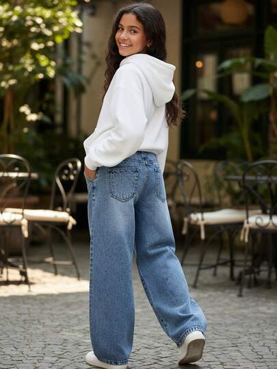 Travachic KIDS Travachic KIDS جينز بفتحة واسعة ذو خصر عالي وغسل كاف مع رسمة خدوش على شكل قطة، ملائم للمراهقات موضة Y2K الرتروية والمغسول، ملابس للمراهقات للخريف والشتاء لعودة المدرسة واطقم ملابس للشارع