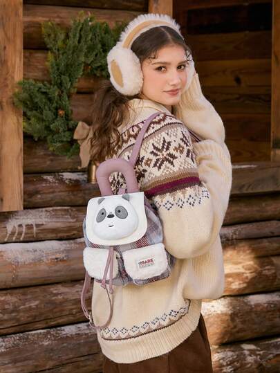 We Bare Bears X SHEIN حقيبة ظهر كبيرة السعة بطباعة منقوشة عصرية وكرتونية جذابة للنساء قطعة واحدة