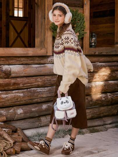 We Bare Bears X SHEIN حقيبة ظهر كبيرة السعة بطباعة منقوشة عصرية وكرتونية جذابة للنساء قطعة واحدة