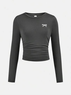 SHEIN Girlism بلوزة كاجوال بياقة دائرية وأكمام طويلة مع طبعة فراشة وخصر مطوي، تصميم بسيط للفتيات المراهقات
