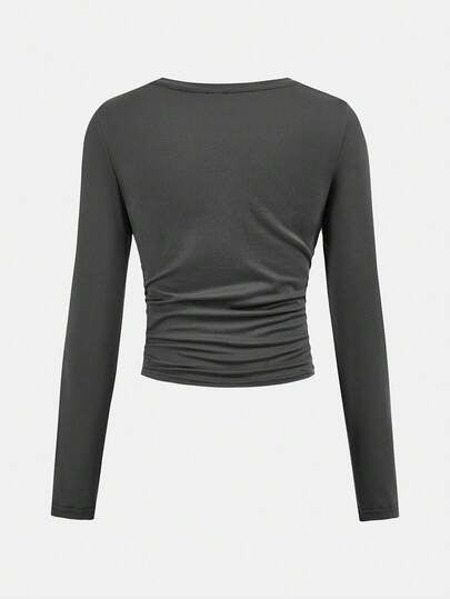SHEIN Girlism بلوزة كاجوال بياقة دائرية وأكمام طويلة مع طبعة فراشة وخصر مطوي، تصميم بسيط للفتيات المراهقات