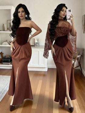 SHEIN Elenzya شال من الدانتيل والقطيفة البرغندية الفاخرة للنساء، ذو تصميم خط A وذيل سمكة، مناسب للارتداء اليومي، الزفاف، السهرات، التخرج، العطلات، المناسبات، هالوين، عيد الميلاد، رأس السنة، - فستان متوسط الطول