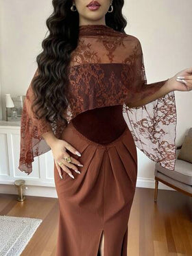 SHEIN Elenzya شال من الدانتيل والقطيفة البرغندية الفاخرة للنساء، ذو تصميم خط A وذيل سمكة، مناسب للارتداء اليومي، الزفاف، السهرات، التخرج، العطلات، المناسبات، هالوين، عيد الميلاد، رأس السنة، - فستان متوسط الطول