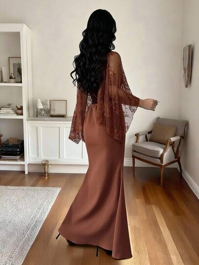 SHEIN Elenzya شال من الدانتيل والقطيفة البرغندية الفاخرة للنساء، ذو تصميم خط A وذيل سمكة، مناسب للارتداء اليومي، الزفاف، السهرات، التخرج، العطلات، المناسبات، هالوين، عيد الميلاد، رأس السنة، - فستان متوسط الطول