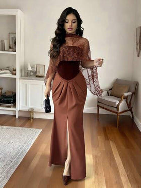 SHEIN Elenzya شال من الدانتيل والقطيفة البرغندية الفاخرة للنساء، ذو تصميم خط A وذيل سمكة، مناسب للارتداء اليومي، الزفاف، السهرات، التخرج، العطلات، المناسبات، هالوين، عيد الميلاد، رأس السنة، - فستان متوسط الطول