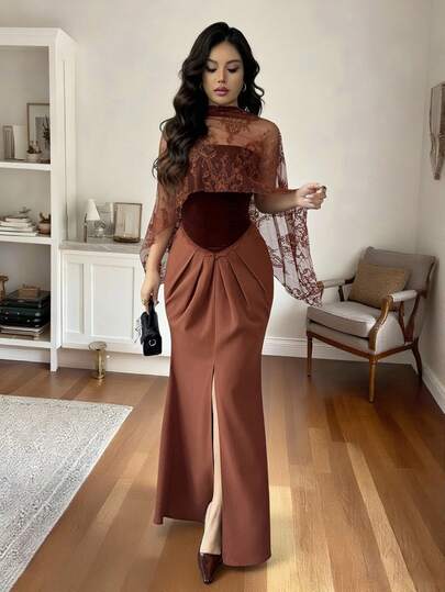 SHEIN Elenzya شال من الدانتيل والقطيفة البرغندية الفاخرة للنساء، ذو تصميم خط A وذيل سمكة، مناسب للارتداء اليومي، الزفاف، السهرات، التخرج، العطلات، المناسبات، هالوين، عيد الميلاد، رأس السنة، - فستان متوسط الطول