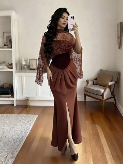 SHEIN Elenzya شال من الدانتيل والقطيفة البرغندية الفاخرة للنساء، ذو تصميم خط A وذيل سمكة، مناسب للارتداء اليومي، الزفاف، السهرات، التخرج، العطلات، المناسبات، هالوين، عيد الميلاد، رأس السنة، - فستان متوسط الطول