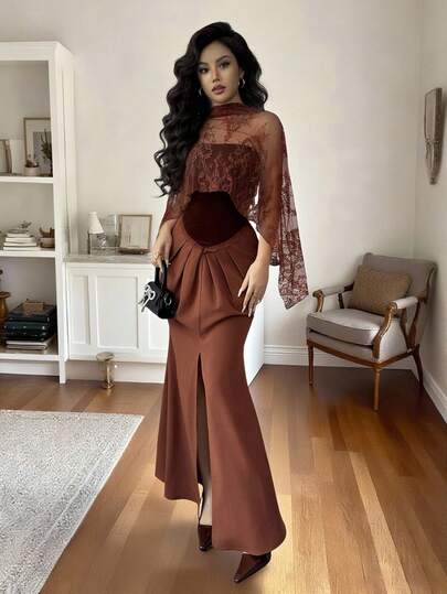 SHEIN Elenzya شال من الدانتيل والقطيفة البرغندية الفاخرة للنساء، ذو تصميم خط A وذيل سمكة، مناسب للارتداء اليومي، الزفاف، السهرات، التخرج، العطلات، المناسبات، هالوين، عيد الميلاد، رأس السنة، - فستان متوسط الطول