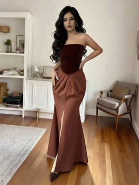 SHEIN Elenzya شال من الدانتيل والقطيفة البرغندية الفاخرة للنساء، ذو تصميم خط A وذيل سمكة، مناسب للارتداء اليومي، الزفاف، السهرات، التخرج، العطلات، المناسبات، هالوين، عيد الميلاد، رأس السنة، - فستان متوسط الطول