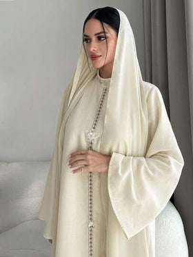 Yasmyna رمضان جلابيات قفاطين فستان فضفاض بأكمام طويلة وياقة عالية مزين بالتطريز على الطراز العربي للنساء