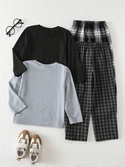 Cozy Pixies 4 قطع/مجموعة ملابس كاجوال للأولاد الصغار، تشمل ملابس علوية كم طويل بياقة طاقم مطبوع عليها حرف بقصة فضفاضة ومريحة، وبنطال طويل كلاسيكي مربع الأنماط، مناسبة للارتداء في المنزل، اللعب في الخارج، العطلات، الرياضة الخفيفة، وأنماط الموضة المتنوعة