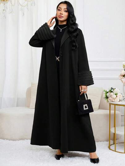 Al Najma عباية نسائية أنيقة بياقة على شكل طوق وأكمام من الفرو الاصطناعي، موسم الخريف