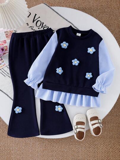 SHEIN Playful Pals طقم ملابس علوية أكمام طويلة مزينة بالأزهار الزرقاء مع بنطلون كاجوال واسع الساق 2 في 1 للفتيات الصغيرات، قطعتان