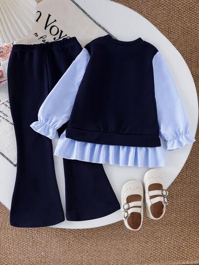 SHEIN Playful Pals طقم ملابس علوية أكمام طويلة مزينة بالأزهار الزرقاء مع بنطلون كاجوال واسع الساق 2 في 1 للفتيات الصغيرات، قطعتان