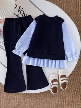 SHEIN Playful Pals طقم ملابس علوية أكمام طويلة مزينة بالأزهار الزرقاء مع بنطلون كاجوال واسع الساق 2 في 1 للفتيات الصغيرات، قطعتان