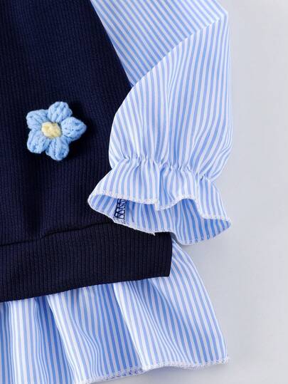 SHEIN Playful Pals طقم ملابس علوية أكمام طويلة مزينة بالأزهار الزرقاء مع بنطلون كاجوال واسع الساق 2 في 1 للفتيات الصغيرات، قطعتان