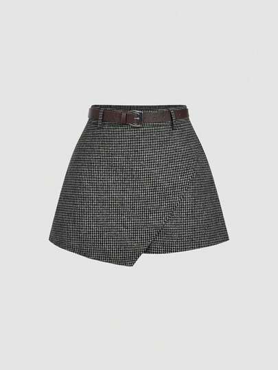 SHEIN MOD شورت صوفي مربعات الخردل مزرر من الجانب مع حزام - طراز فينتاج 70s، Y2K، تاريخ، حفلة، محكمة، احتفالي، عيد ميلاد، حفل تخرج، بريبي، عودة إلى المدرسة والعمل