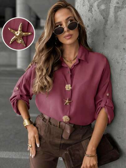 قميص أنيق للنساء بأكمام طويلة وأزرار أمامية، طوق قميص، زخرفة أزرار بنجمة البحر والزهور البارزة، بلوزة أكمام طويلة متعددة الاستخدامات للارتداء اليومي