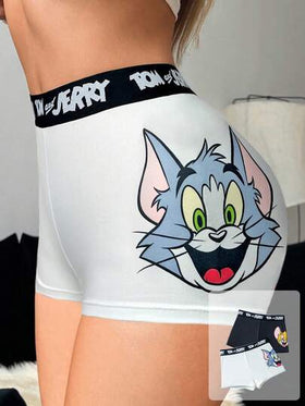 TOM & JERRY X SHEIN 2 قطعة من السراويل القصيرة للصبية بتصميم كرتوني وشريط حرفي أنيق