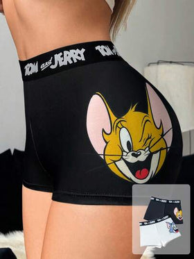 TOM & JERRY X SHEIN 2 قطعة من السراويل القصيرة للصبية بتصميم كرتوني وشريط حرفي أنيق