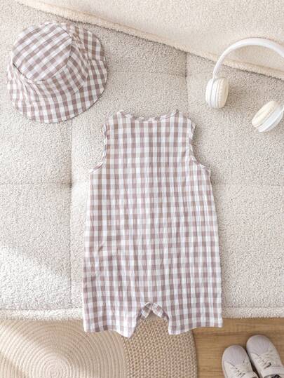 SHEIN LMoss Kids مجموعة رومبير وقبعة دلو للأطفال الرضع من الجنسين، مكونة من رومبير بدون أكمام ذات خطوط ملونة باللون المشمشي وشورت، ملابس عادية للعطلات الربيعية والصيفية