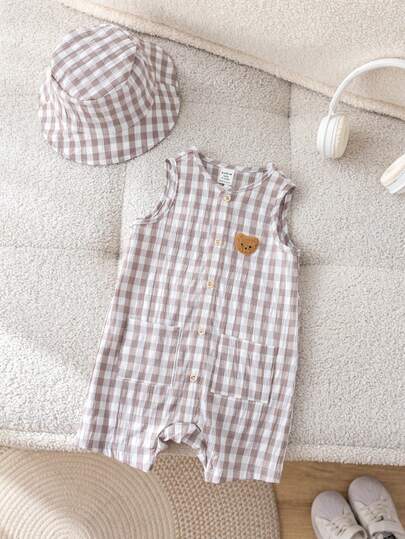 SHEIN LMoss Kids مجموعة رومبير وقبعة دلو للأطفال الرضع من الجنسين، مكونة من رومبير بدون أكمام ذات خطوط ملونة باللون المشمشي وشورت، ملابس عادية للعطلات الربيعية والصيفية
