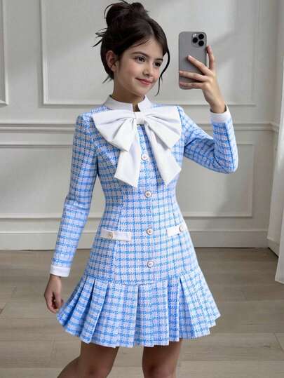 SHEIN فستان مناسب للمراهقات بتصميم كاجوال كولومبي مع خطوط ملونة وعقدة كبيرة وتنورة منسدلة مطوية