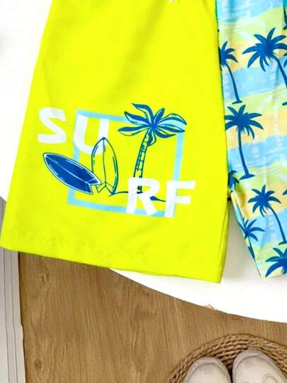 SHEIN شورت سباحة للأولاد المراهقين مع طباعة أشجار جوز الهند وخصر رباط للعطلة الصيفية على الشاطئ