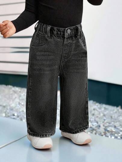 SHEIN Bubblio بنطلون جينز أزرق فضفاض مستقيم للبنات الصغار