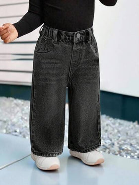 SHEIN Bubblio بنطلون جينز أزرق فضفاض مستقيم للبنات الصغار