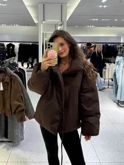 معطف نسائي قصير مبطن، ملابس شتوية دافئة للنساء، معاطف شتوية بني للنساء، معطف نسائي بياقة عالية