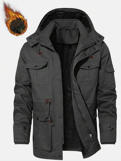 Manfinity Homme معطف مبطن مبطن بغطاء رأس وجيب رباط خصر أكمام طويلة للرجال، للخريف والشتاء