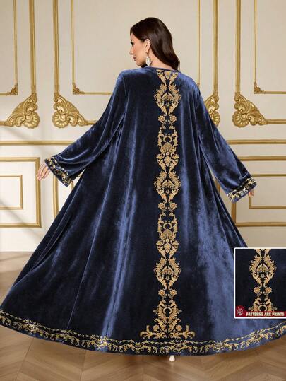 SHEIN Najma رمضان عباءة أنيقة من الأبيض والأسود بطبعات زهرية داماسك، مناسبة للربيع والخريف
